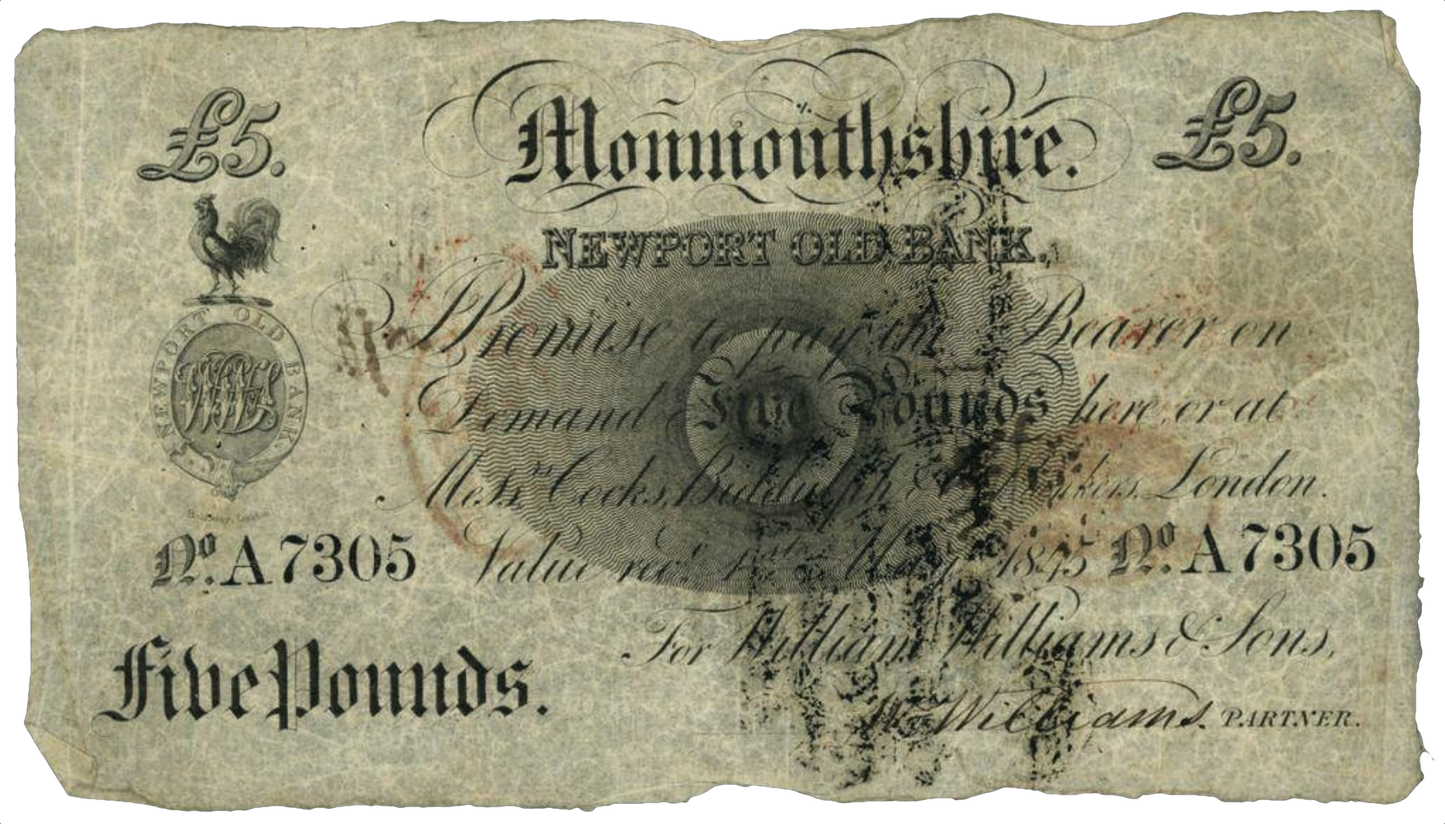 Newport Old Bank Monmouthshire 1845 £5 banknote NF Outing 1544a