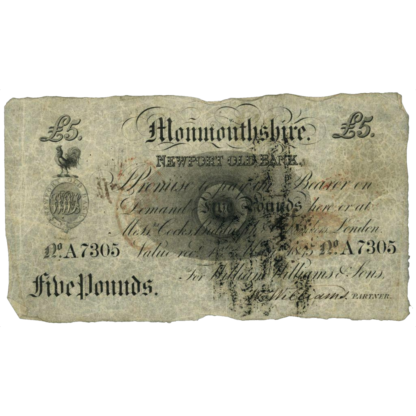 Newport Old Bank Monmouthshire 1845 £5 banknote NF Outing 1544a