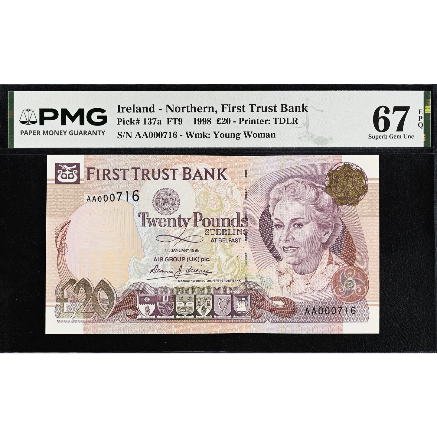 NORTHERN IRELAND P.137a NI422a 1998 First run Low serial no First Trust Bank £20 Superb Gem UNC 67 EPQ