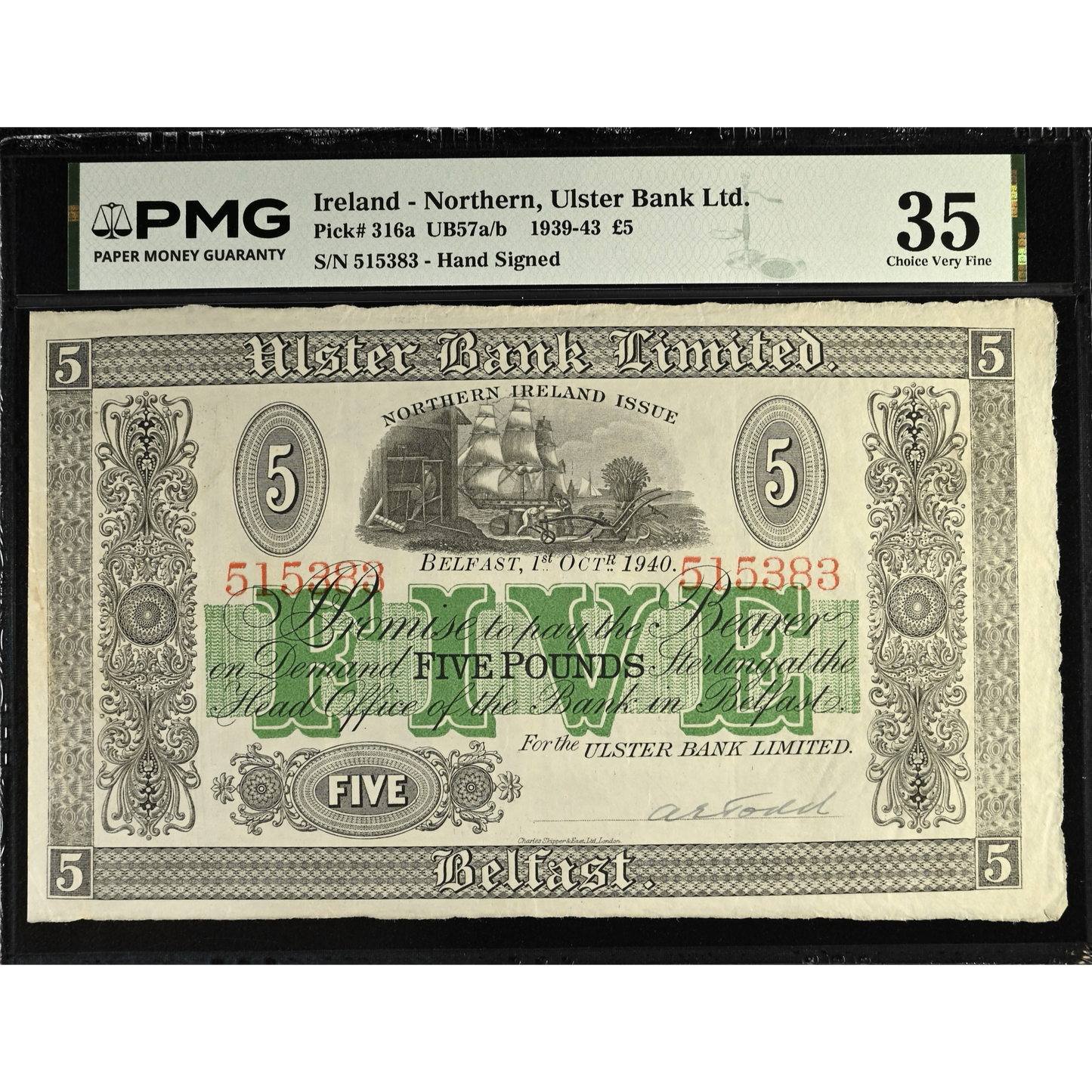 NORTHERN IRELAND P.316a NI813a 1940 Ulster Bank £5 Choice VF 35