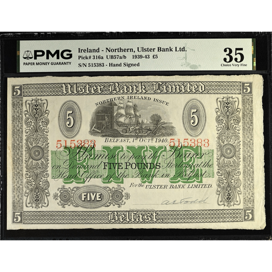 NORTHERN IRELAND P.316a NI813a 1940 Ulster Bank £5 Choice VF 35