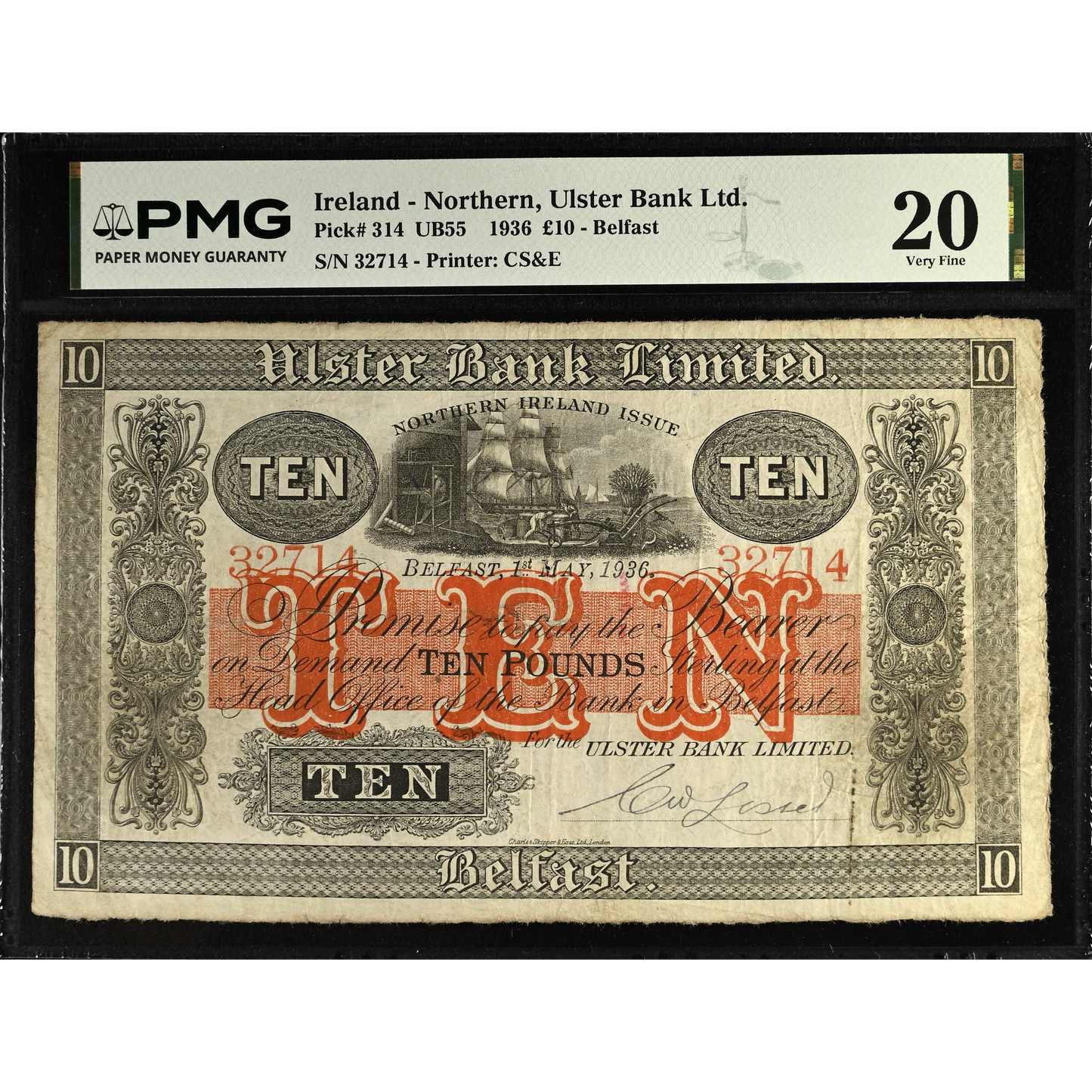 NORTHERN IRELAND P.314 NI822 1936 Ulster Bank £10 VF 20