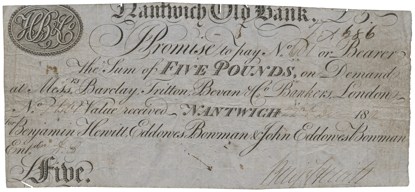 Nantwich Old Bank 1812 £5 banknote Outing 1474c