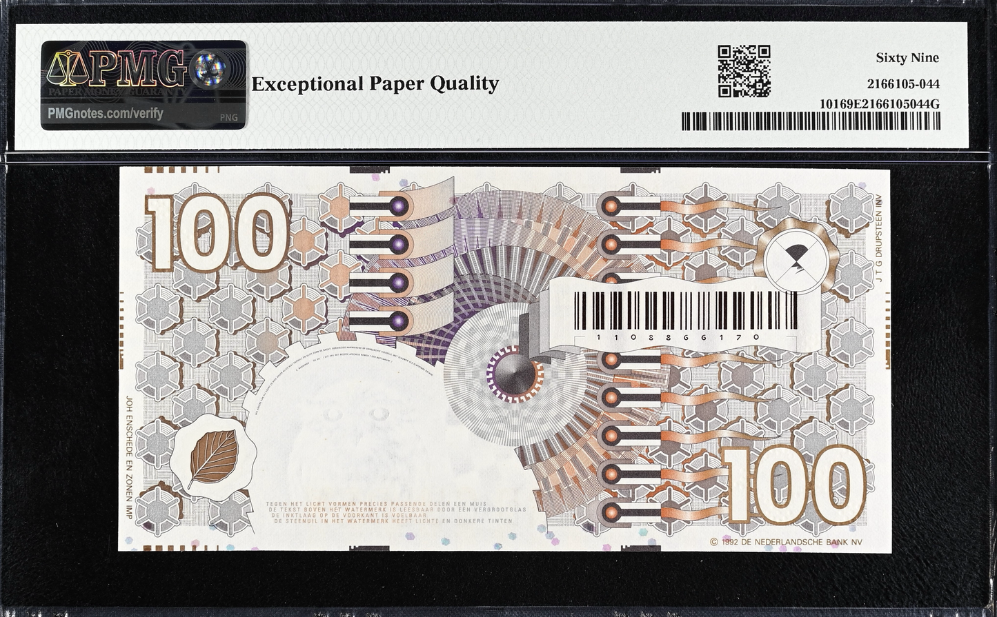 NETHERLANDS P.101 1992 100 Guilden Superb Gem UNC 69 EPQ
