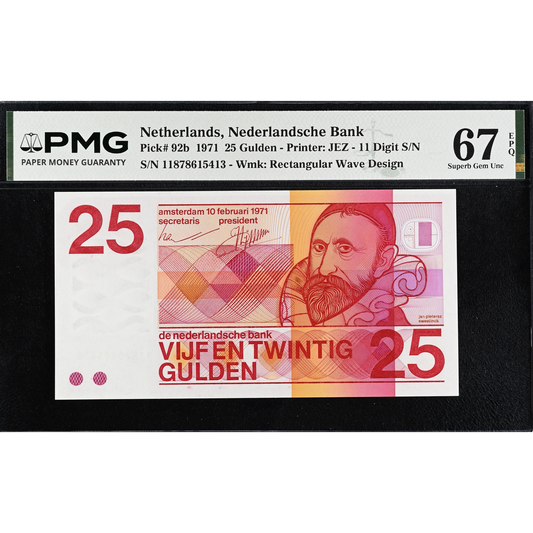 NETHERLANDS P.92b 1971 25 Guilden Superb UNC 67 EPQ