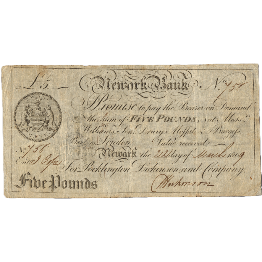 Newark Bank 1809 £5 banknote Outing 1488k
