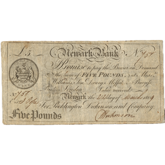 Newark Bank 1809 £5 banknote Outing 1488k