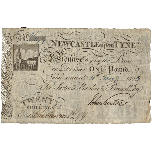 Newcastle Exchange Bank 1803 20 Shillings banknote Outing 1502g