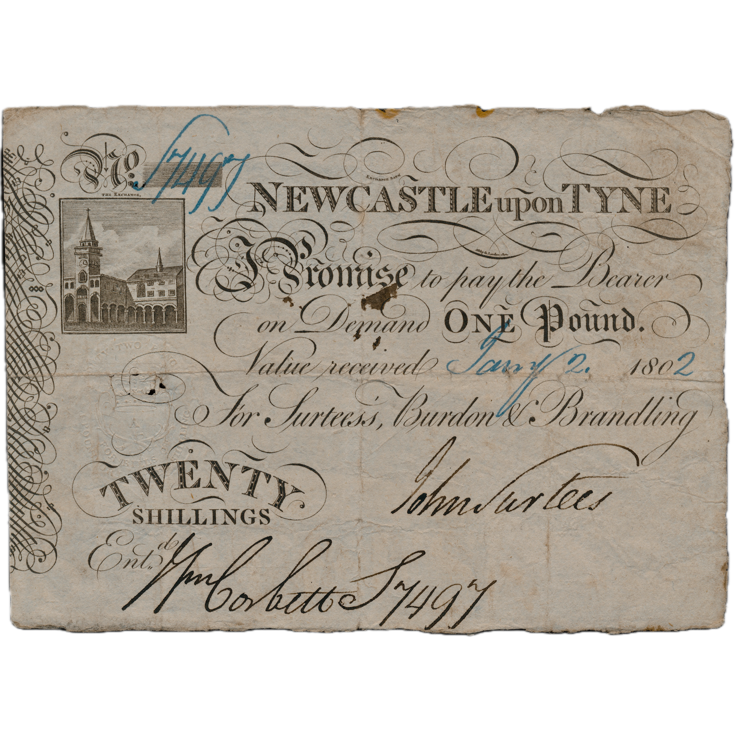 Newcastle Exchange Bank 1802 20 Shillings banknote Outing 1502g