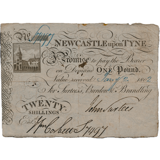 Newcastle Exchange Bank 1802 20 Shillings banknote Outing 1502g