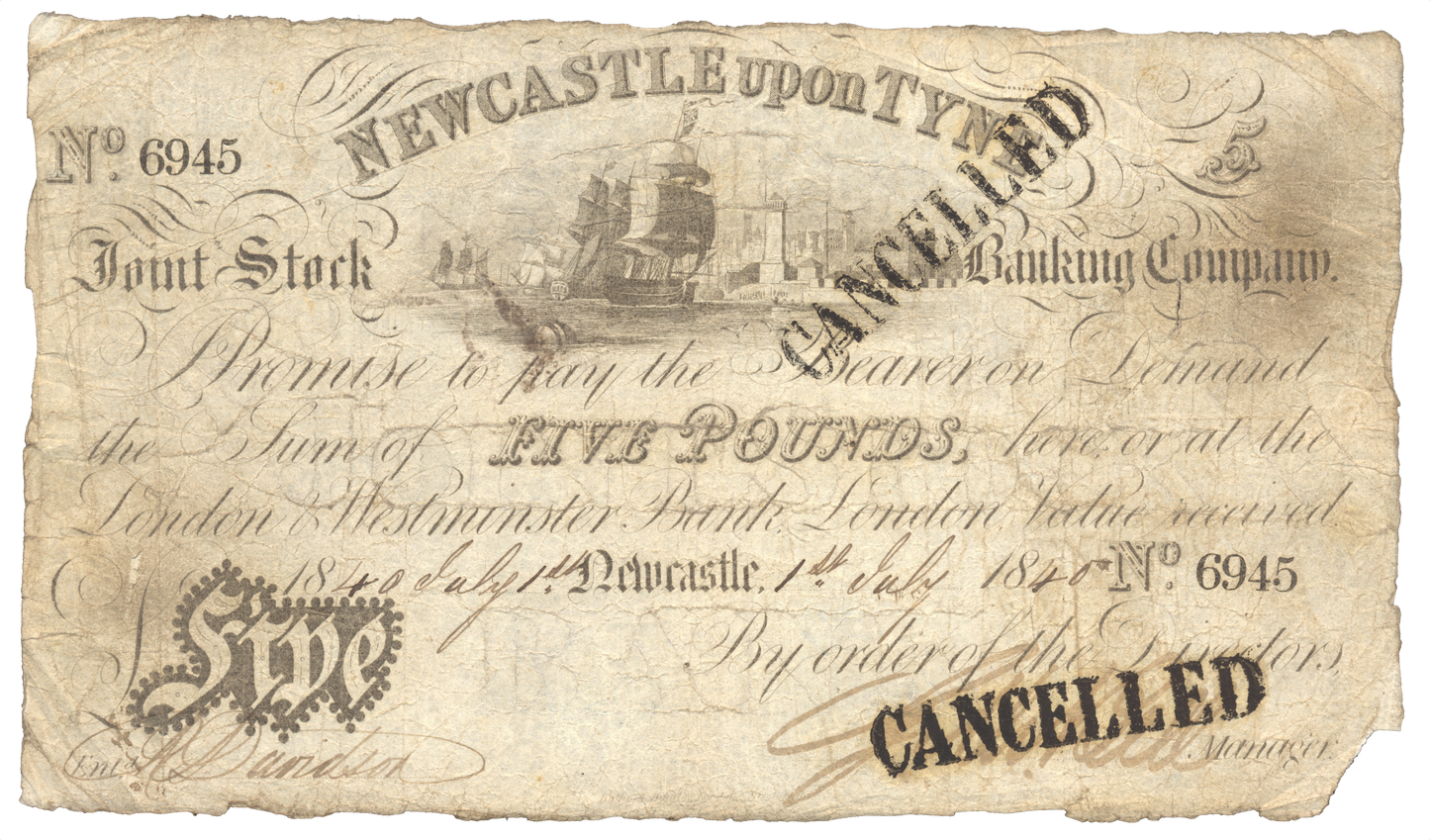 Newcastle upon Tyne Joint Stock Bank 1840 £5 banknote NF Outing 1515b