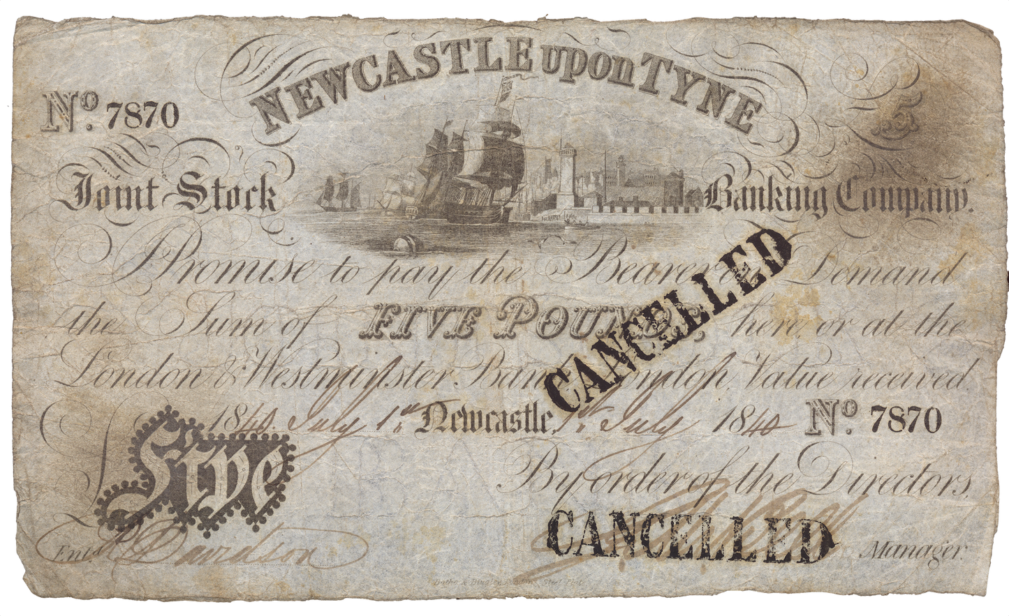 Newcastle upon Tyne Joint Stock Bank 1840 £5 banknote Outing 1515b