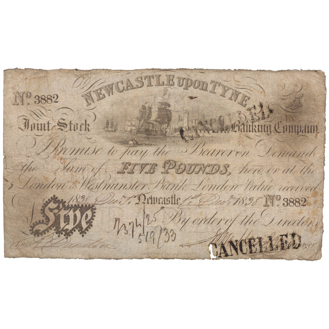 Newcastle upon Tyne Joint Stock Bank 1838 £5 banknote Outing 1515b