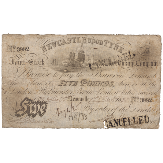 Newcastle upon Tyne Joint Stock Bank 1838 £5 banknote Outing 1515b