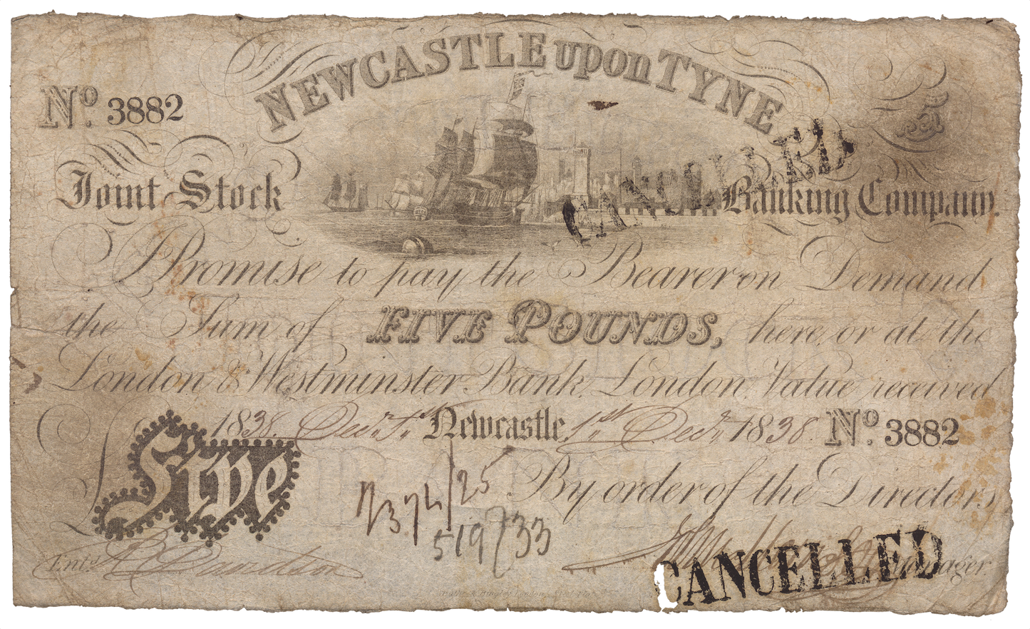 Newcastle upon Tyne Joint Stock Bank 1838 £5 banknote Outing 1515b