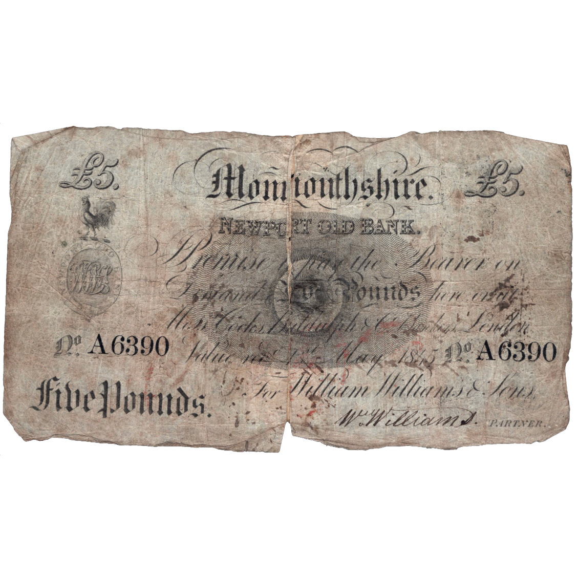 Newport Old Bank Monmouthshire 1845 £5 banknote Outing 1544a