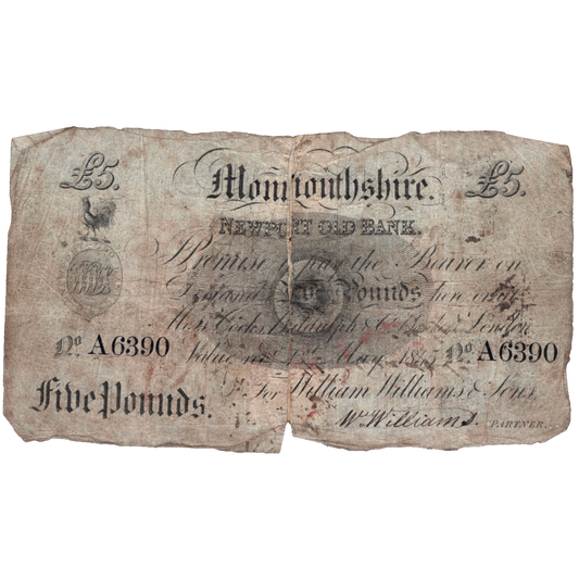 Newport Old Bank Monmouthshire 1845 £5 banknote Outing 1544a