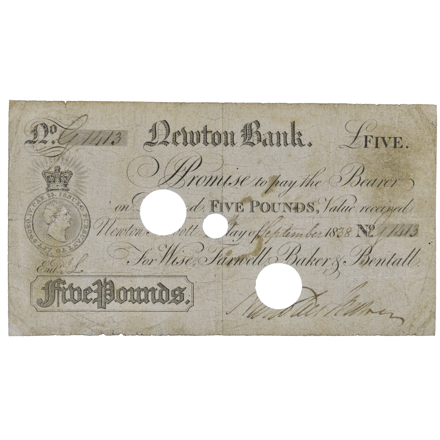 Newton Bank 1838 £5 banknote Outing 1564b