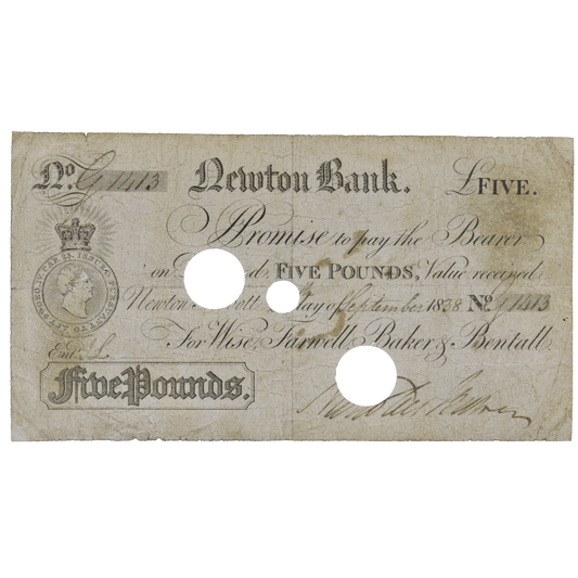 Newton Bank 1838 £5 banknote Outing 1564b