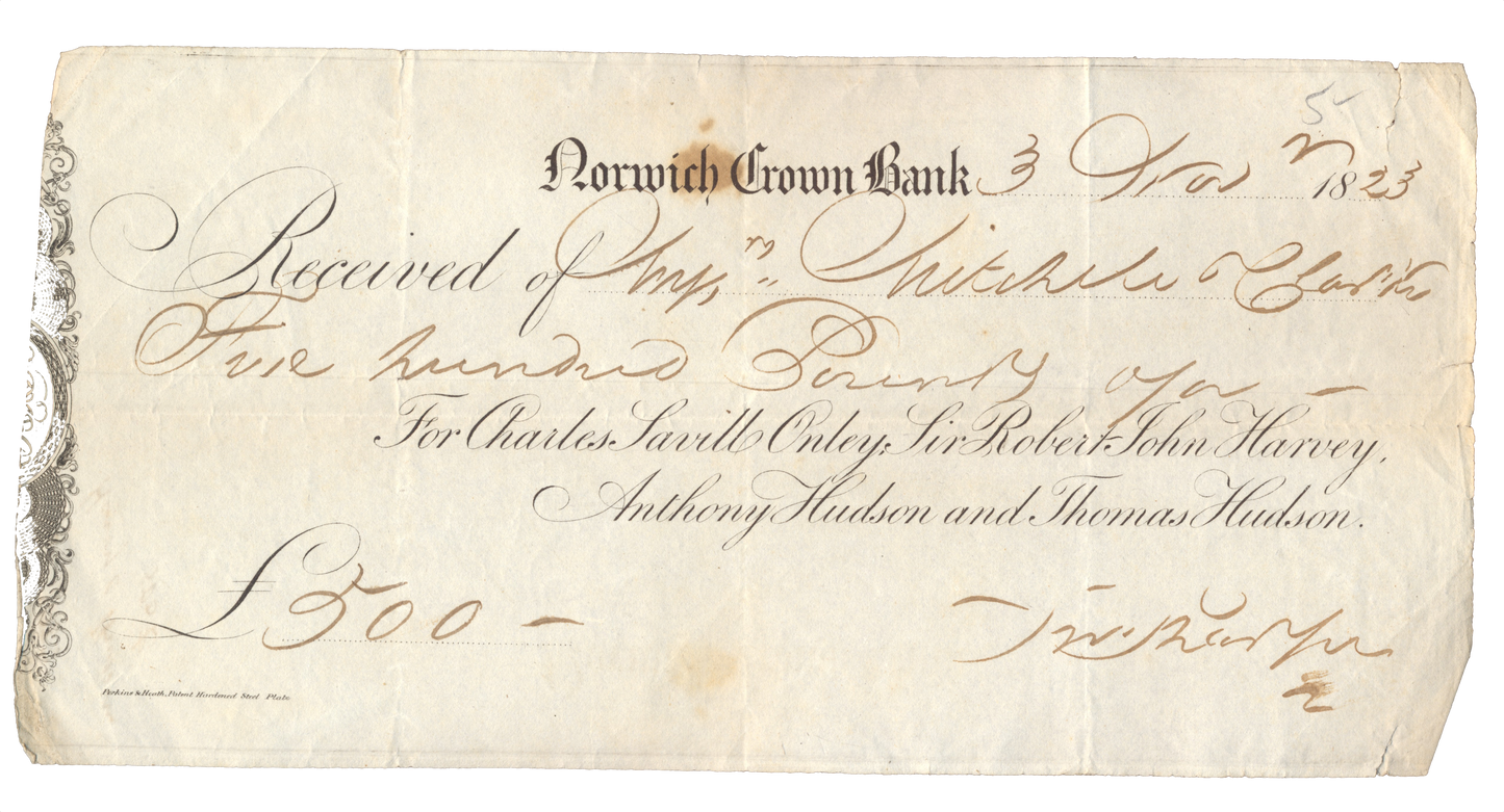 Norwich Crown Bank 1823 £500 receipt VF