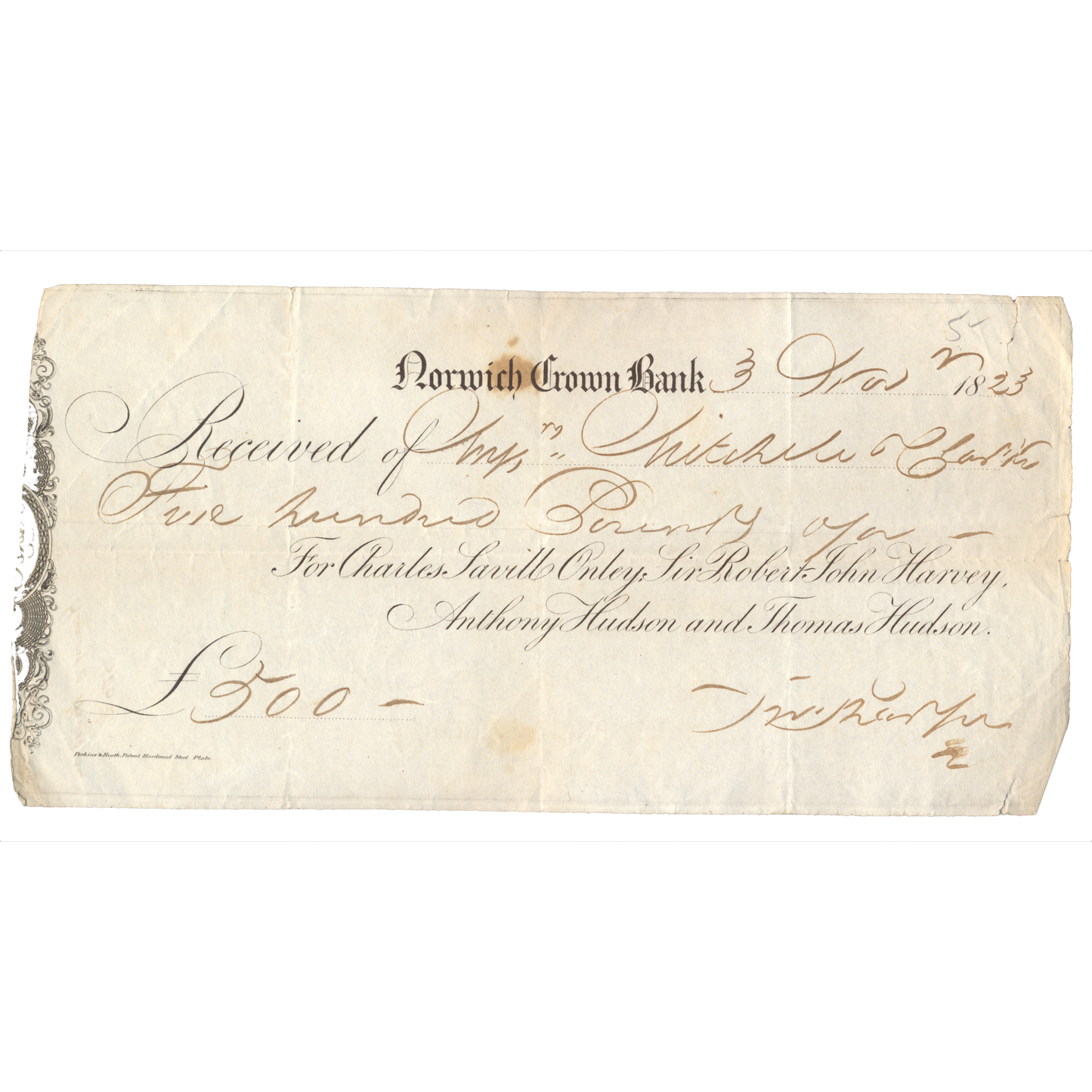 Norwich Crown Bank 1823 £500 receipt VF