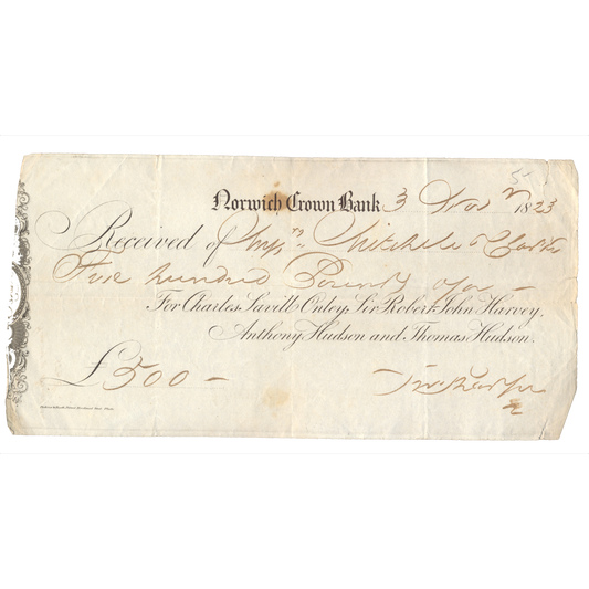 Norwich Crown Bank 1823 £500 receipt VF