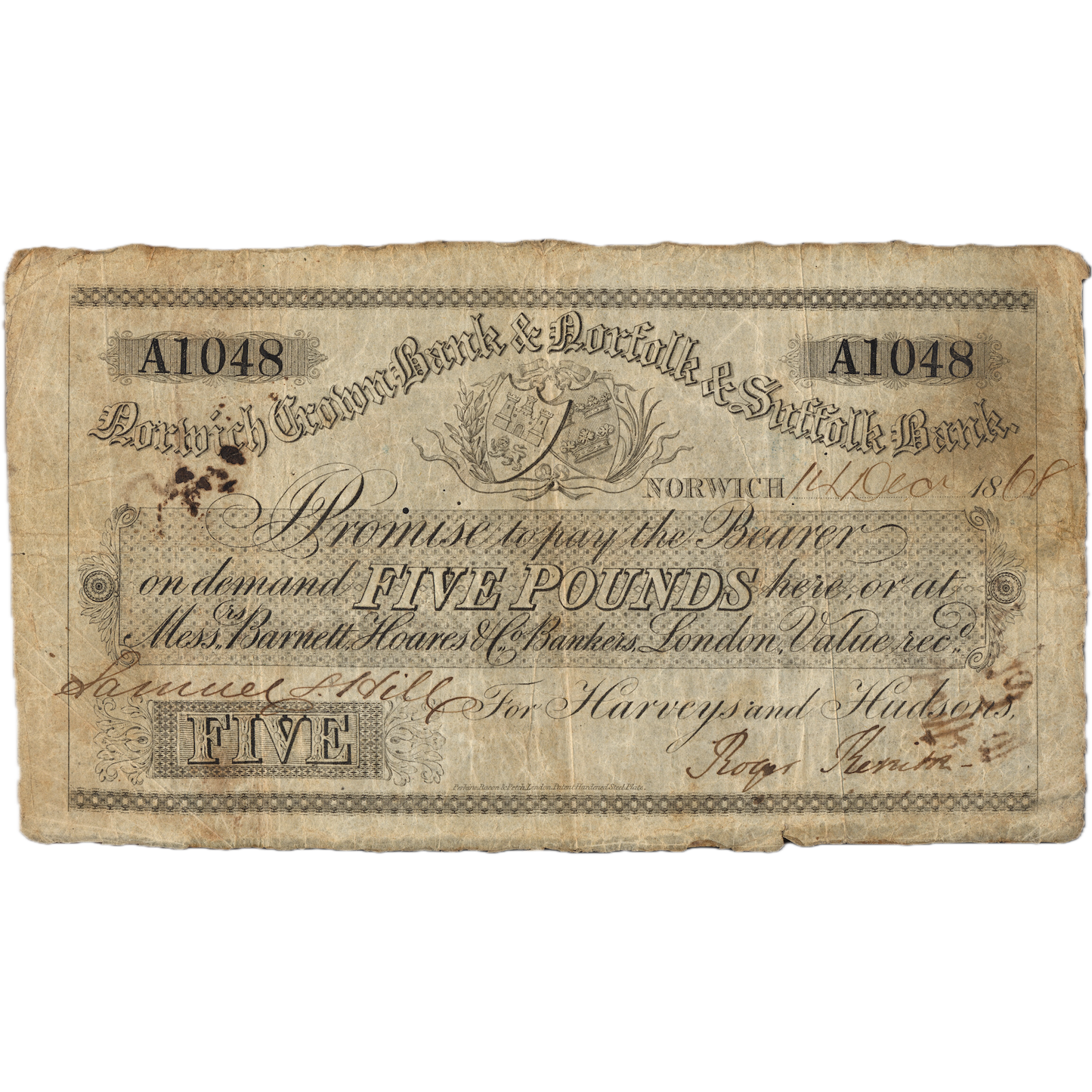 Norwich Crown Bank & Norfolk & Suffolk Bank 1869 £5 banknote Outing 1606k