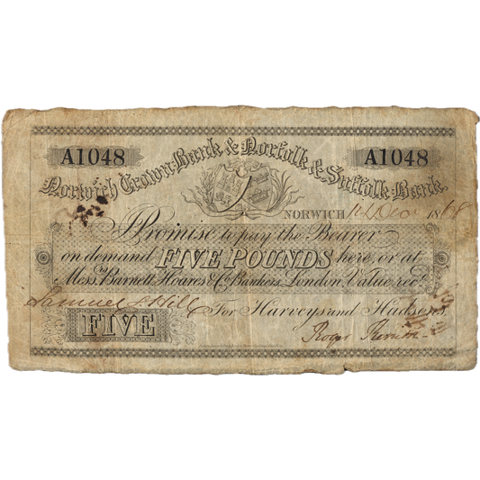 Norwich Crown Bank & Norfolk & Suffolk Bank 1869 £5 banknote Outing 1606k
