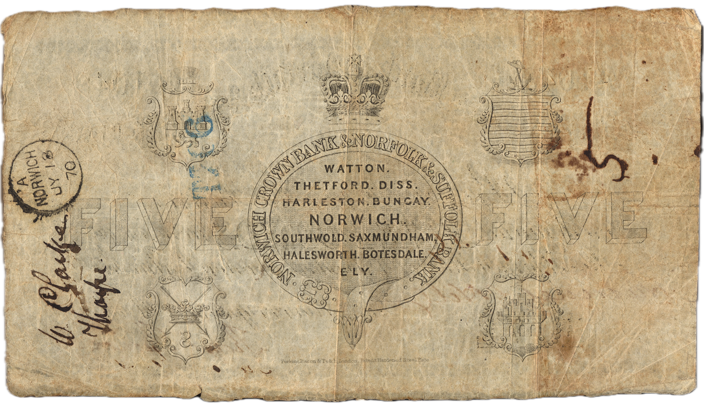 Norwich Crown Bank & Norfolk & Suffolk Bank 1869 £5 banknote Outing 1606k