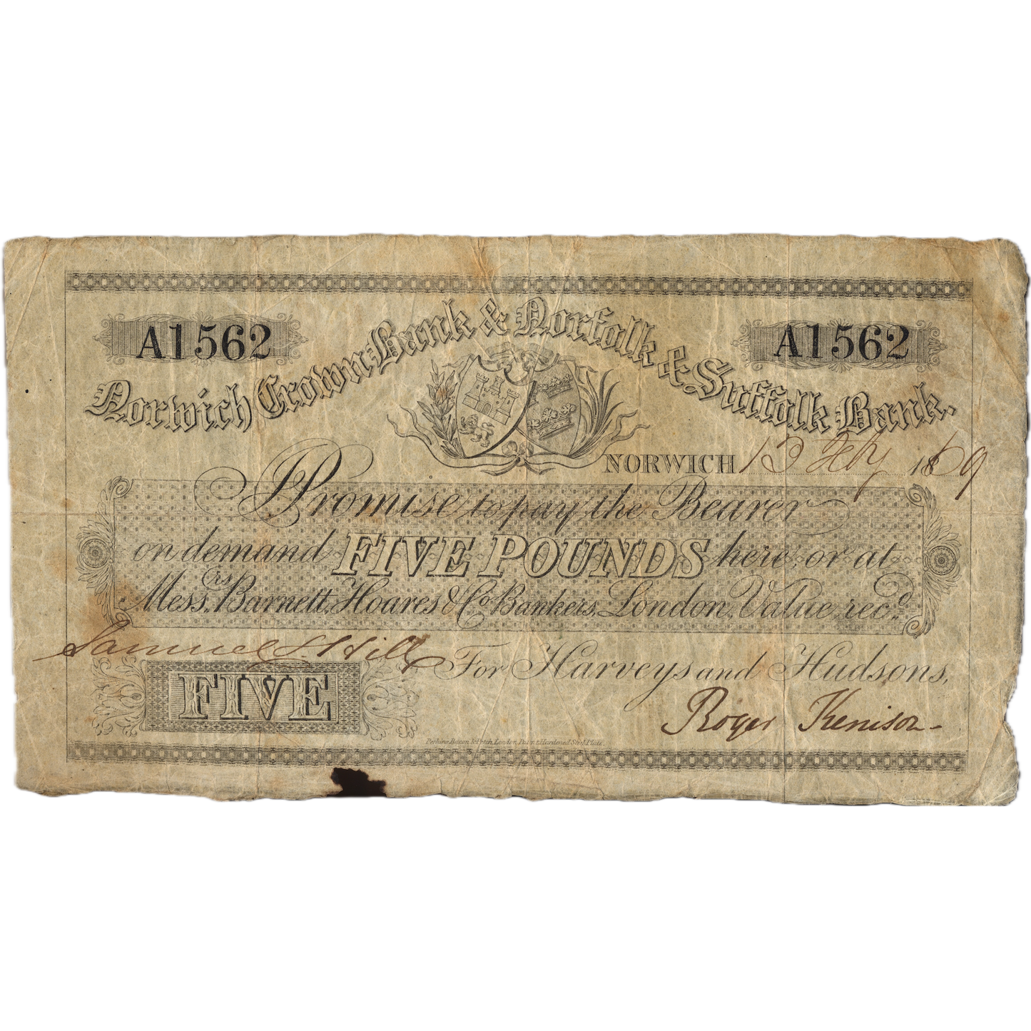 Norwich Crown Bank & Norfolk & Suffolk Bank 1869 £5 banknote Outing 1606k