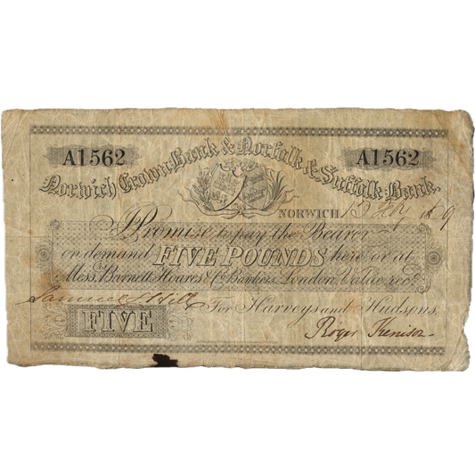 Norwich Crown Bank & Norfolk & Suffolk Bank 1869 £5 banknote Outing 1606k