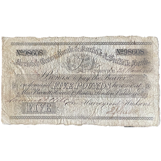 Norwich Crown Bank & Norfolk & Suffolk Bank 1868 £5 banknote Outing 1606k