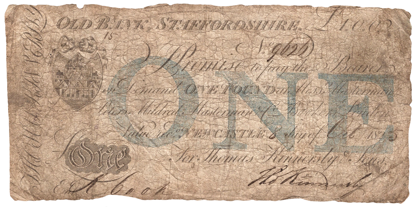 Old Bank, Staffordshire 1844 £5 banknote Outing 1525d
