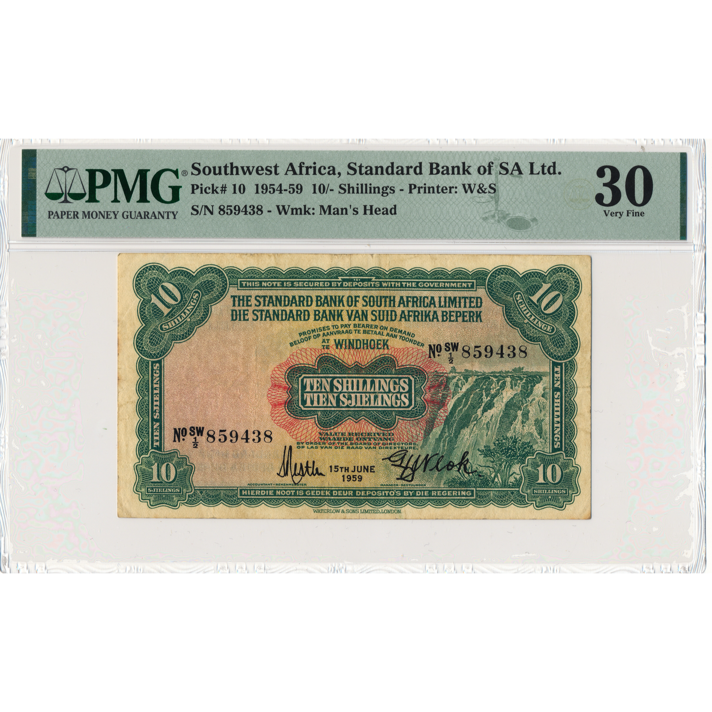 SOUTHWEST AFRICA Standard Bank P.10 1959 10 shillings VF 30