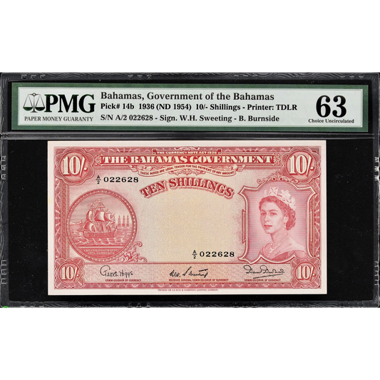BAHAMAS P.14b 1953 10 Shillings Choice UNC 63