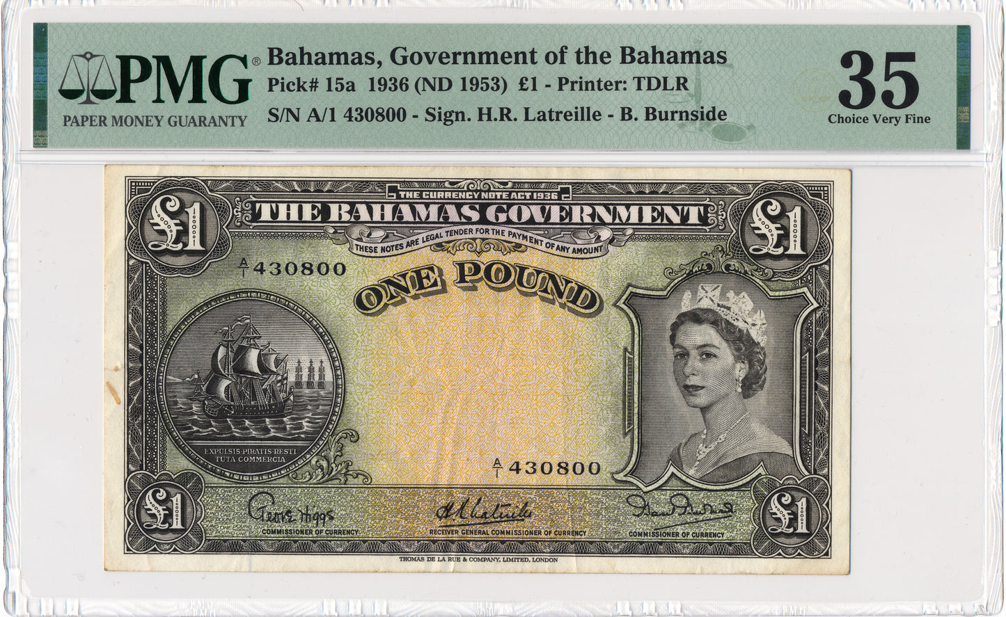 BAHAMAS P.15a 1953 £1 A/1 Choice VF 35