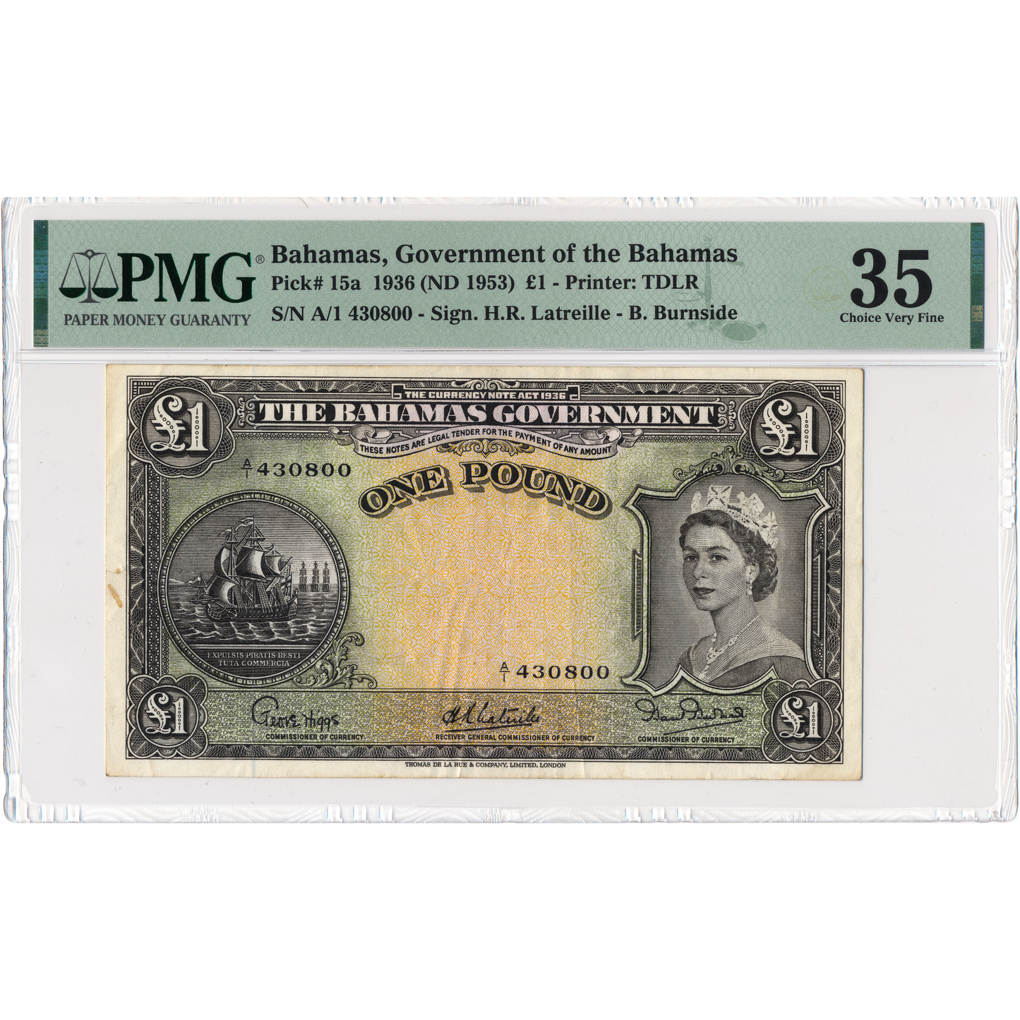 BAHAMAS P.15a 1953 £1 A/1 Choice VF 35