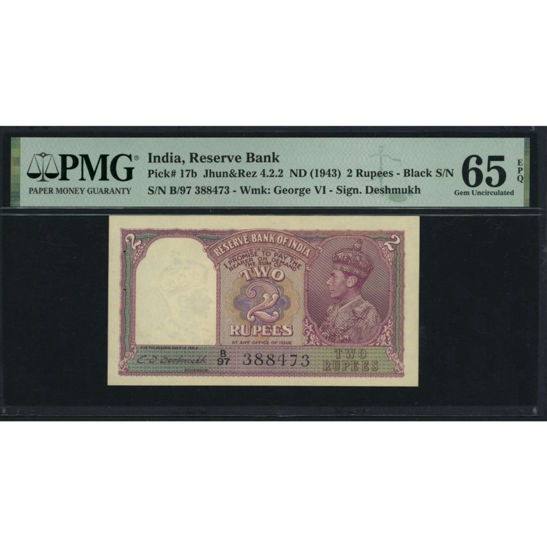 INDIA P.17b 1943 2 Rupees Gem UNC 65 EPQ