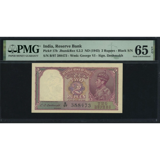 INDIA P.17b 1943 2 Rupees Gem UNC 65 EPQ
