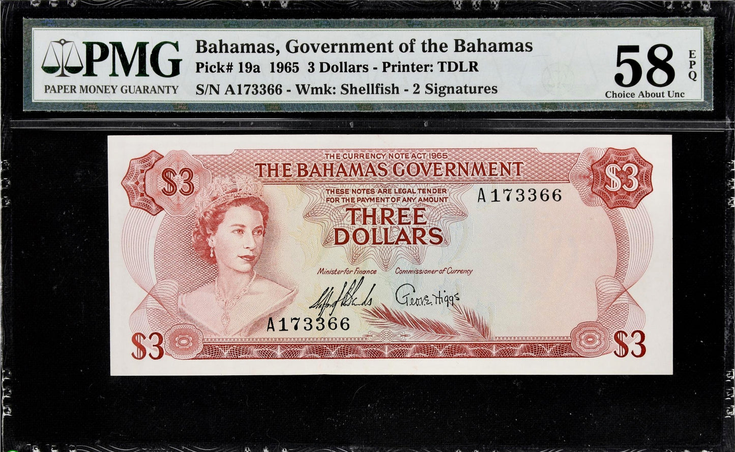 BAHAMAS P.19a 1965-1968 $3 Choice AUNC 58 EPQ