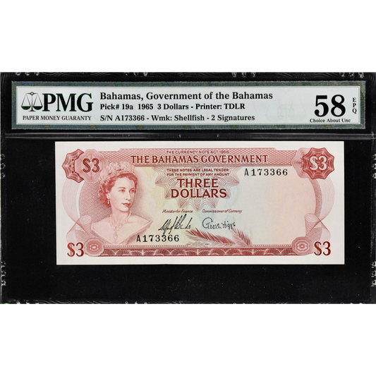 BAHAMAS P.19a 1965-1968 $3 Choice AUNC 58 EPQ