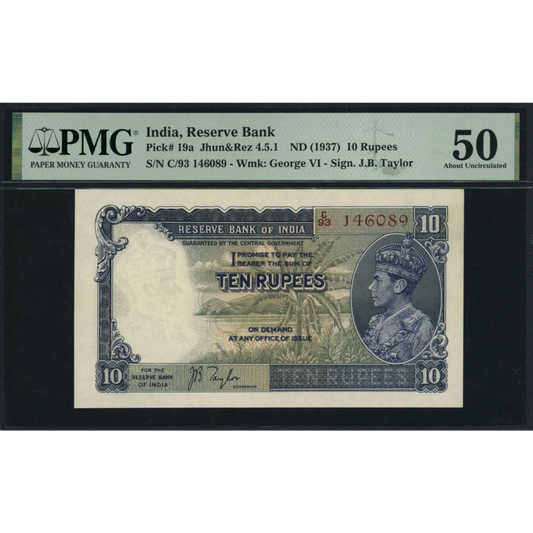 INDIA P.19a 1937 10 Rupees About UNC 50