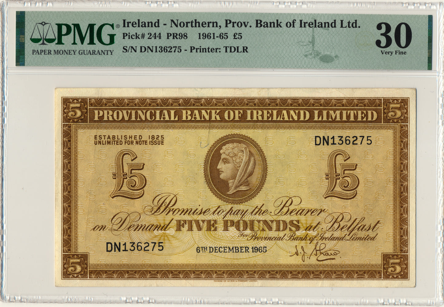 NORTHERN IRELAND P.244 NI714b 1965 Provincial Bank of Ireland £5 VF 30