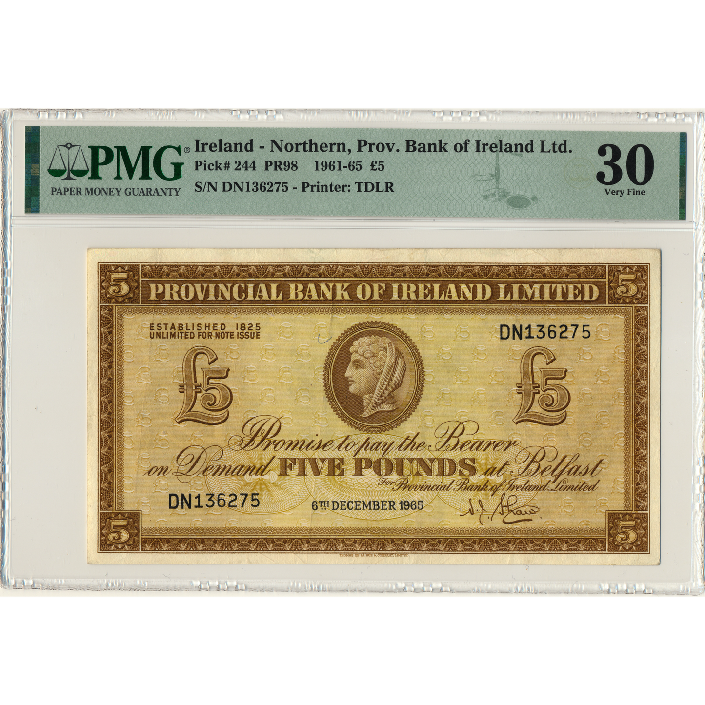 NORTHERN IRELAND P.244 NI714b 1965 Provincial Bank of Ireland £5 VF 30