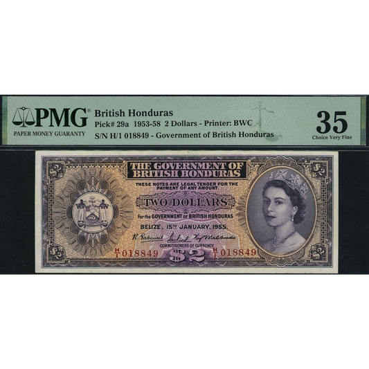 BRITISH HONDURAS P.29a 1953-1958 2 Dollars Choice VF 35