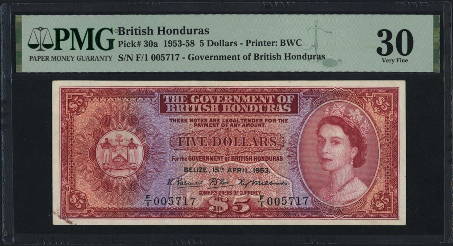 BRITISH HONDURAS P.30a 1953-1958 5 Dollars VF 33