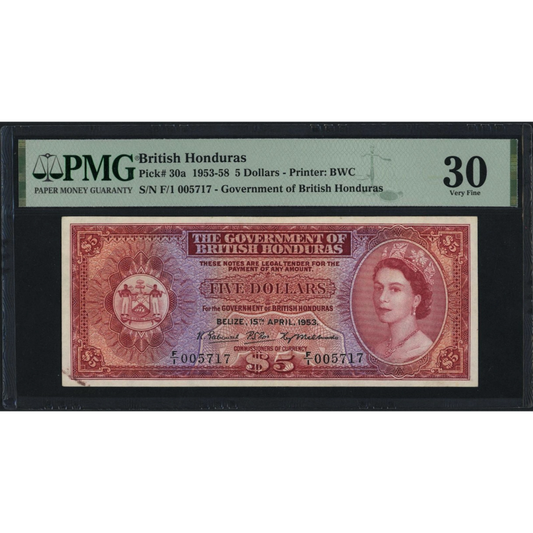 BRITISH HONDURAS P.30a 1953-1958 5 Dollars VF 33