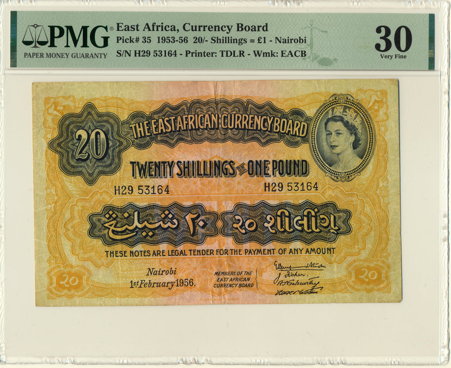 EAST AFRICA P.35 1956 20 Shillings VF 30