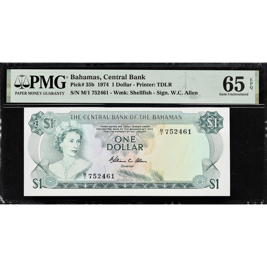 BAHAMAS P.35b 1974 $1 GEM UNC 65 EPQ