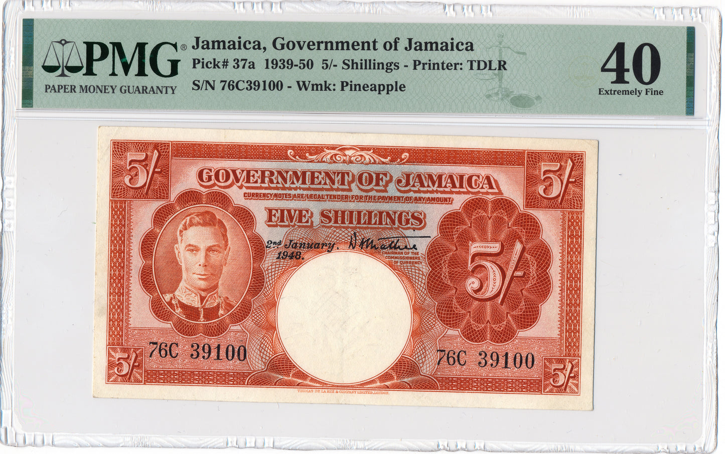 JAMAICA P.37a 1948 5 Shillings EF 40